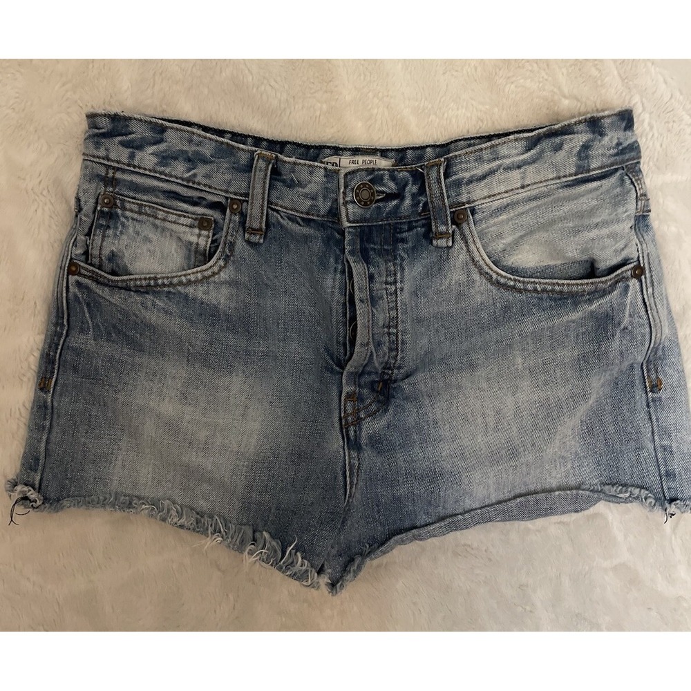 Free People Jean Shorts Womens 28 Blue Cut Off Denim Button Fly Stretch Distress